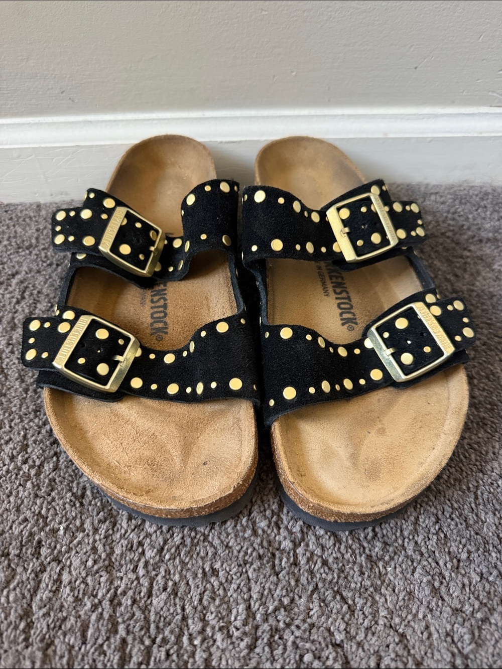 Birkenstock  Black Suede Studded Double-Strap Sandals with Gold Accents